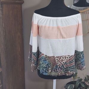 Off Shoulder Neutral Wide‎ Striped Top with Pattern Bottom and Bell Sleeves Sz L